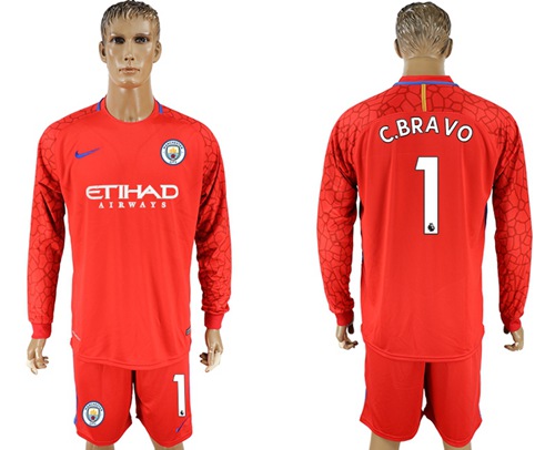 Manchester City #1 C.Bravo Red Goalkeeper Long Sleeves Soccer Club Jersey